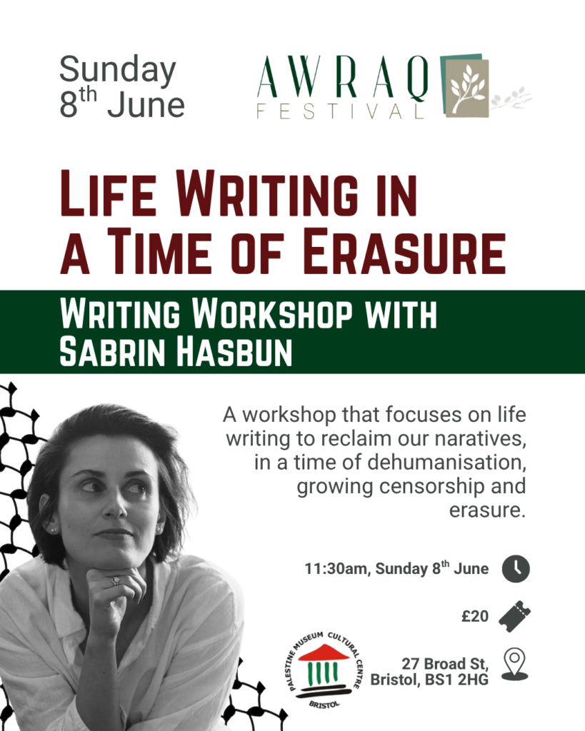 Poster of writing workshop event, part of Awraq Festival